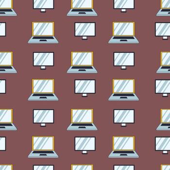 Seamless pattern featuring laptops and desktop screens arranged neatly on a brown background, perfect for technology, office, and digital themed designs and wallpapers vector