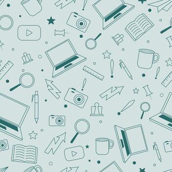 Seamless pattern featuring office and creative tools such as laptops books cameras and mugs on light background perfect for work study media and modern business themed designs vector