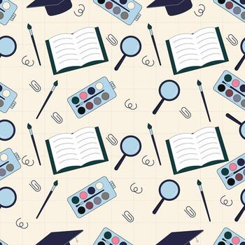 Seamless pattern featuring education and school elements such as books brushes caps and magnifiers on light beige background ideal for study art and learning themed designs vector