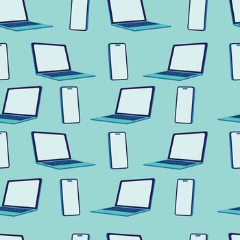 Seamless pattern featuring laptops and smartphones arranged on teal background perfect for digital technology office work communication and modern gadget themed designs vector
