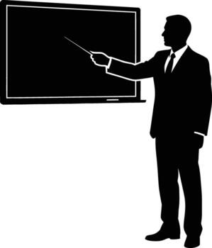 Silhouette of a businessman in a suit pointing at a blank blackboard with a pointer stick vector