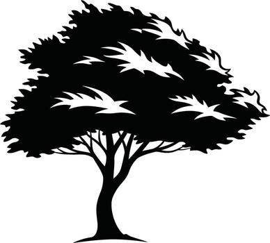 Silhouette of a lush leafy tree with a sturdy trunk and spreading branches vector