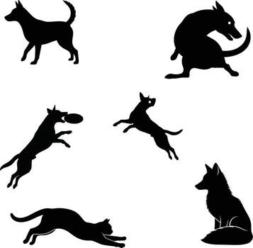 Collection of silhouetted dogs in various dynamic poses and actions vector