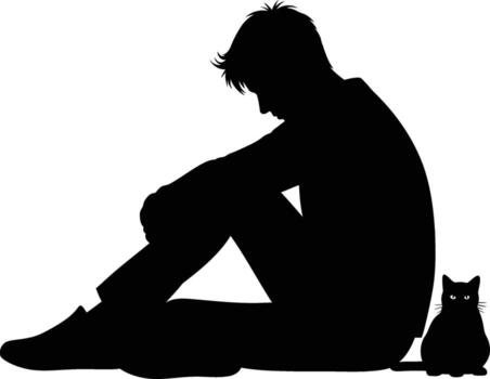 Silhouette of a person sitting with a cat conveying a sense of quiet companionship and introspection vector