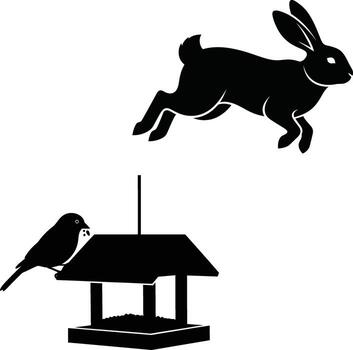 Silhouette of a rabbit leaping over a bird feeder with a bird perched on it vector