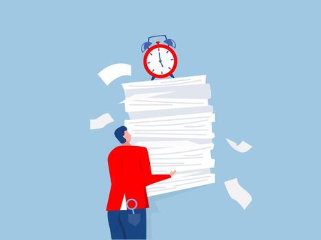 cansado empresario que lleva pesado documentos papeleo con alarma reloj fecha límite en arriba.ocupado carga de trabajo y fecha límite causando agotamiento y agotamiento, vector