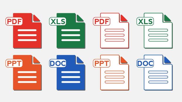 moderno documentos archivo formato icono. archivo tipo aislado en blanco antecedentes. pdf, doc, xls, ppt, jpg. , cremallera, TXT vector