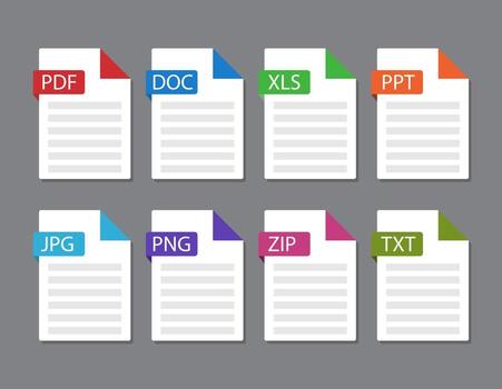 documentos archivo formato icono. archivo tipo aislado en gris antecedentes. pdf, doc, xls, ppt con vistoso vector