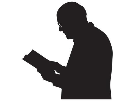 Black silhouette of man reading book, isolated on white background. concept of literature, knowledge, education, learning, study, reader, intellectual, hobby, design element vector