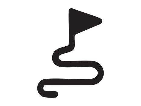 Black silhouette of triangular flag icon with curvy pole isolated on white background. concept of icon, logo, navigation, map marker, direction, design element vector