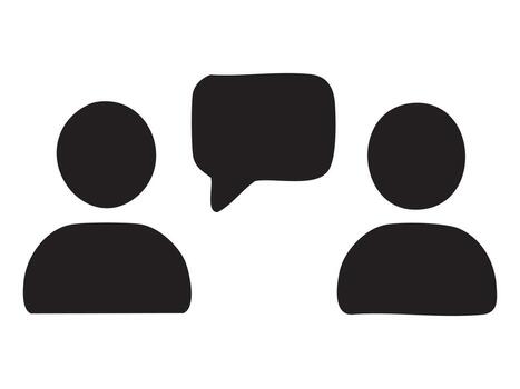 Black silhouettes of two people with speech bubble, isolated on white background. concept of communication, conversation, dialogue, icon, logo, design element. vector