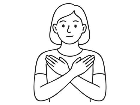 Black and white outline of a woman with crossed arms in front, isolated on white background. concept of person, gesture, body language, illustration, icon, design element. vector