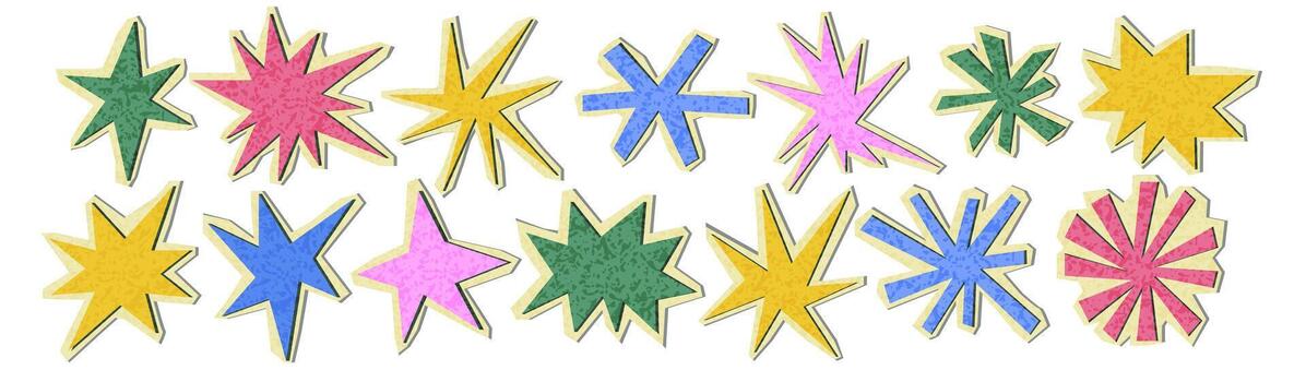 Set of textured playful stars shapes with brush texture. Scrapbook flare glare. Cutout paper stickers and scribble crayon design. vector