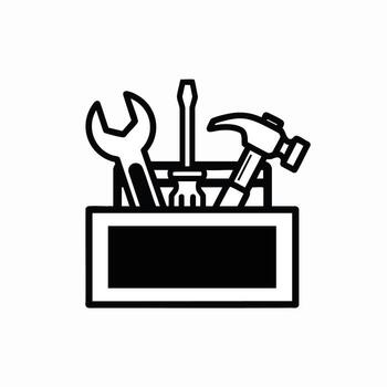 Black and white toolbox icon loaded with essential tools for repair and maintenance tasks vector