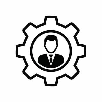Business Management Icon Depicting an Employee Inside a Cogwheel Representing Efficiency and Productivity vector