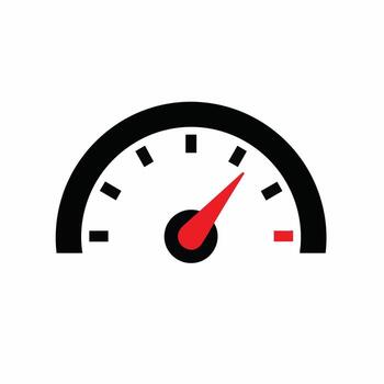 Speedometer gauge performance indicator shows speed efficiency with red pointer and black arc vector