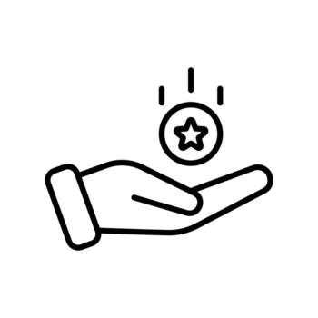 Get bonus points, linear icon, coin to hand. Line with editable stroke vector