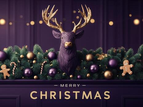 Christmas and new year background concept. Top view of Christmas decoration made from snowflake, Christmas Lights gingerbread cookies and fir tree branch, ball on purple background. photo
