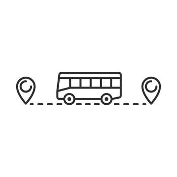 passenger transportation icon, bus movement to a point on the map, thin line symbol on white background vector