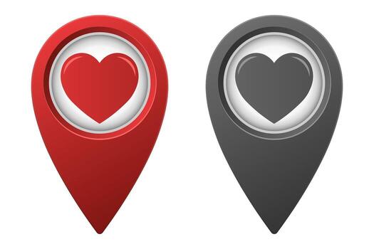 Active red and inactive gray map pointer or marker with simple heart icon vector