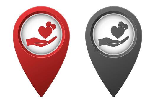 Active red and inactive gray map pointer or marker with hearts in hand icon vector