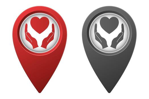 Active red and inactive gray map pointer or marker with heart in hands icon vector
