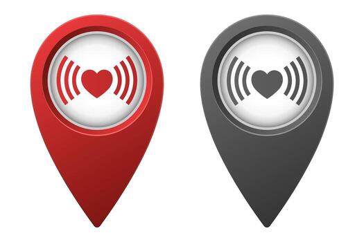 Active red and inactive gray map pointer or marker with wifi heart icon vector