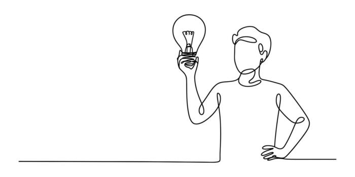 Man holding lightbulb continuous line drawing sketch art illustration vector