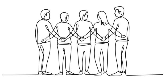 Continuous line drawing of five people holding hands in a unity line illustration vector