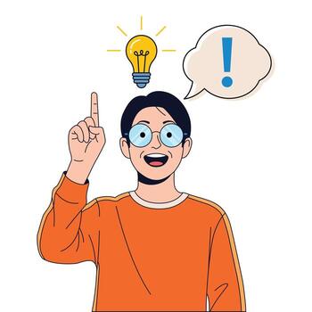 young man with glasses pointing finger up, idea light bulb. Illustration of a solving a problem with a brilliant idea bulb vector