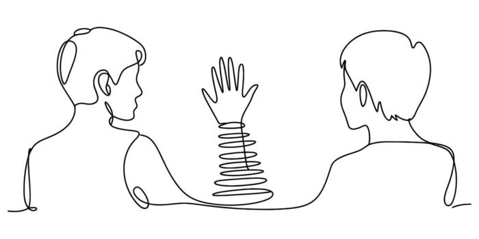 continuo línea dibujo de dos personas conectando mediante un primavera cargado mano ilustración vector