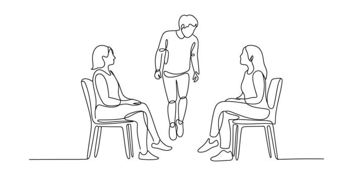 Minimalist continuous line drawing of three people in a conversation or discussion illustration vector