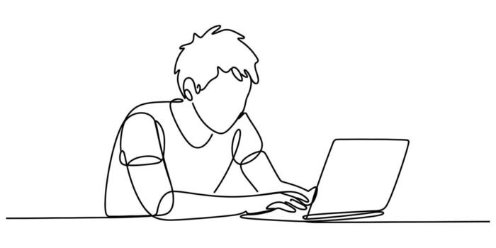 minimalista continuo línea dibujo de un persona utilizando un ordenador portátil a un escritorio ilustración vector