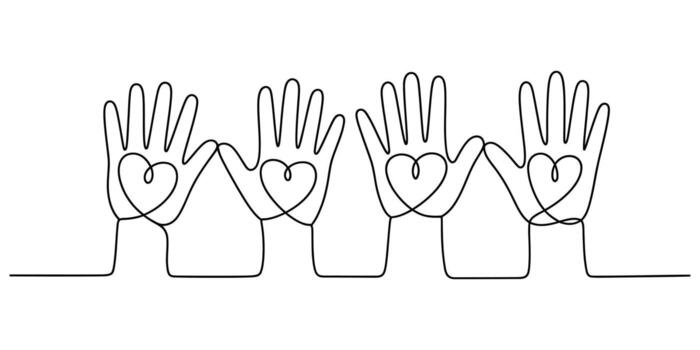 Continuous line drawing of hands forming hearts symbolizing love and unity Illustration vector