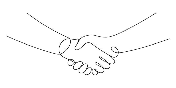 Minimalist continuous line drawing of two hands in a handshake expressing agreement and partnership Illustration vector