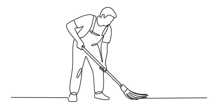 Minimalist continuous line drawing of a worker with overalls sweeping the floor Illustration vector