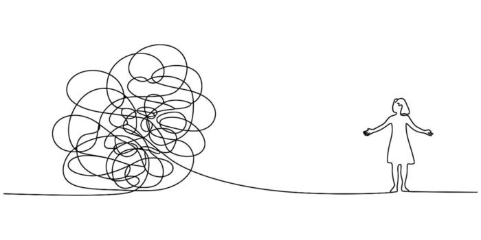 Entangled continuous line drawing representing complexity and a figure facing challenges illustration vector