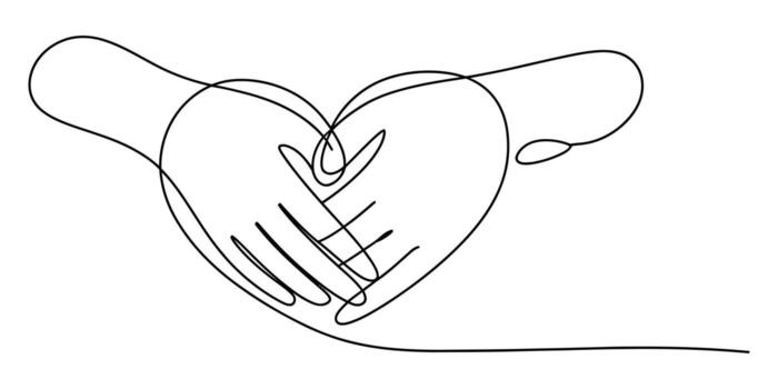 Continuous line drawing of hands forming a heart shape symbolizing love and unity Illustration vector