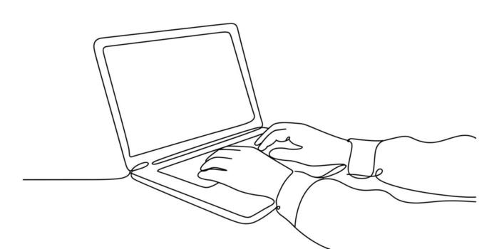 Continuous line drawing of hands typing on a laptop keyboard illustration vector