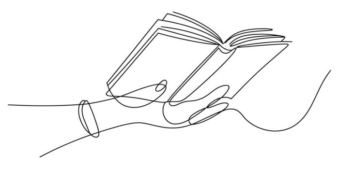Minimalist continuous line drawing of hands holding an open book Illustration vector
