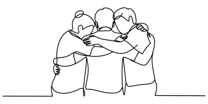 continuo línea dibujo de Tres personas abrazando en un unificado abrazo ilustración vector