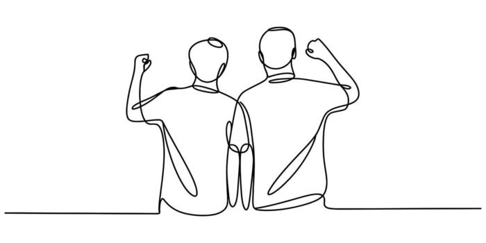 Continuous line drawing of two people from behind celebrating with fists raised Illustration vector