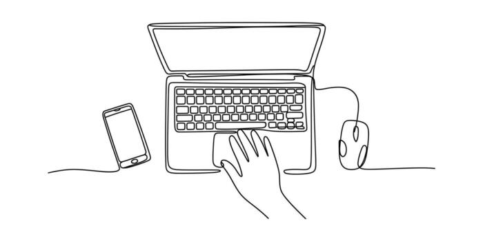 Minimalist continuous line drawing of a hand using a laptop and mouse with a smartphone nearby illustration vector