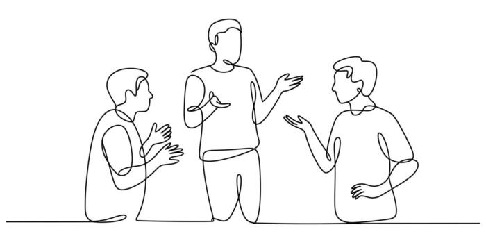 Three people talking and gesturing together in a minimalist continuous line drawing illustration vector