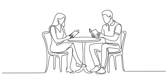 Elegant continuous line drawing of a couple reading books at a table illustration vector