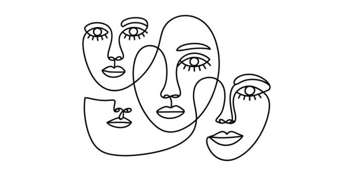 Abstract continuous line drawing featuring intertwined faces in minimalist style illustration vector