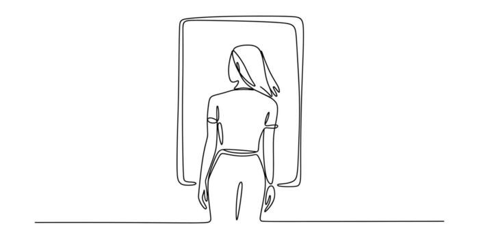 Minimalist continuous line drawing of a person standing in front of a rectangular frame Illustration vector