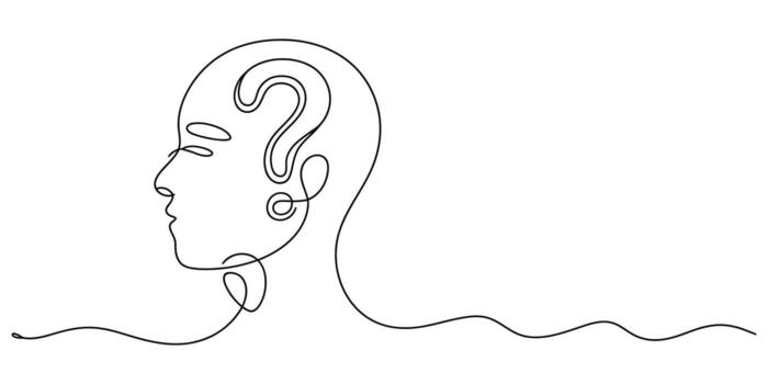 Minimalist single line drawing of a human head with a question mark inside Illustration vector
