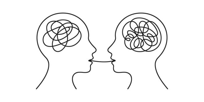 Abstract continuous line drawing of two facing heads with tangled brains inside illustration vector