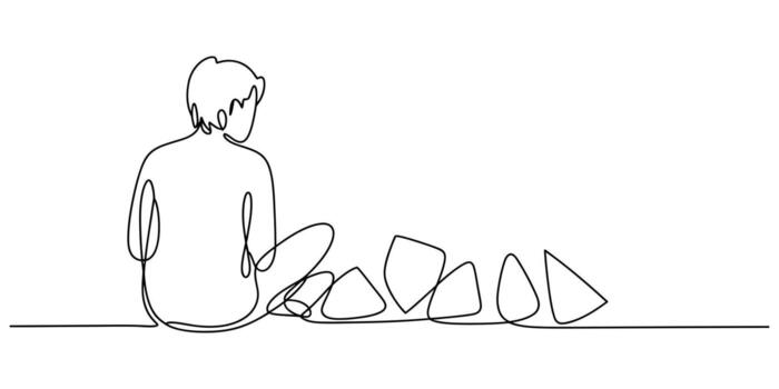 Minimalist continuous line drawing of a person sitting with geometric shapes Illustration vector